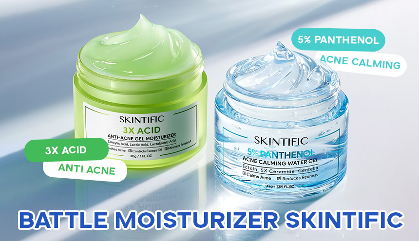 Battle Moisturizer Skintific: 3X Acid Anti Acne Gel Moisturizer vs 5% Panthenol Acne Calming Water Gel